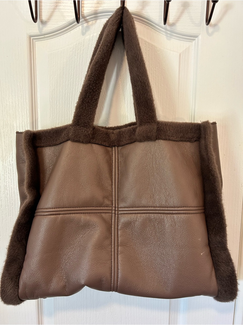 Leather and Shearling Tote Bag in Brown